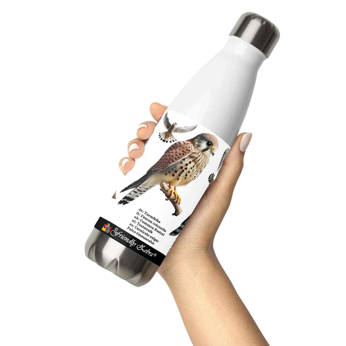 500ml Stainless steel water bottle Birds of Europe 01 Buzzard, Kestrel, N.Goshawk