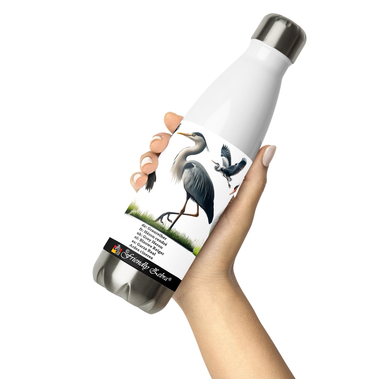 500ml Stainless steel water bottle Birds of Europe 03 White Stork, Grey Heron, Mute Swan