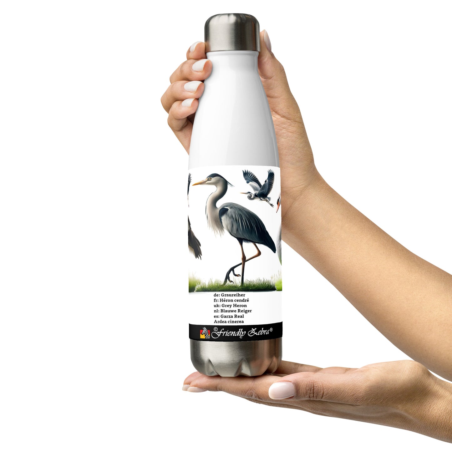 500ml Stainless steel water bottle Birds of Europe 03 White Stork, Grey Heron, Mute Swan