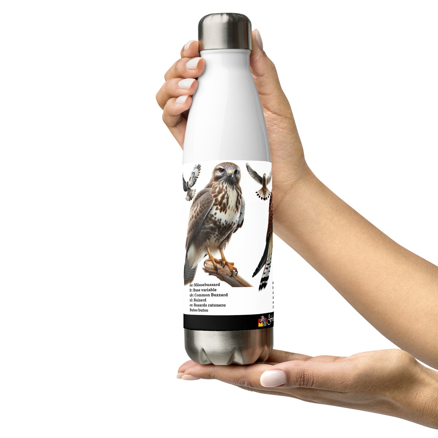 500ml Stainless steel water bottle Birds of Europe 01 Buzzard, Kestrel, N.Goshawk