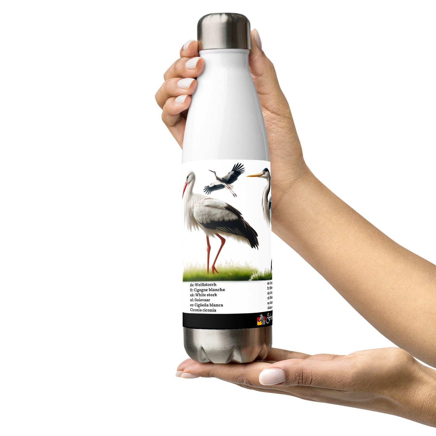 500ml Stainless steel water bottle Birds of Europe 03 White Stork, Grey Heron, Mute Swan