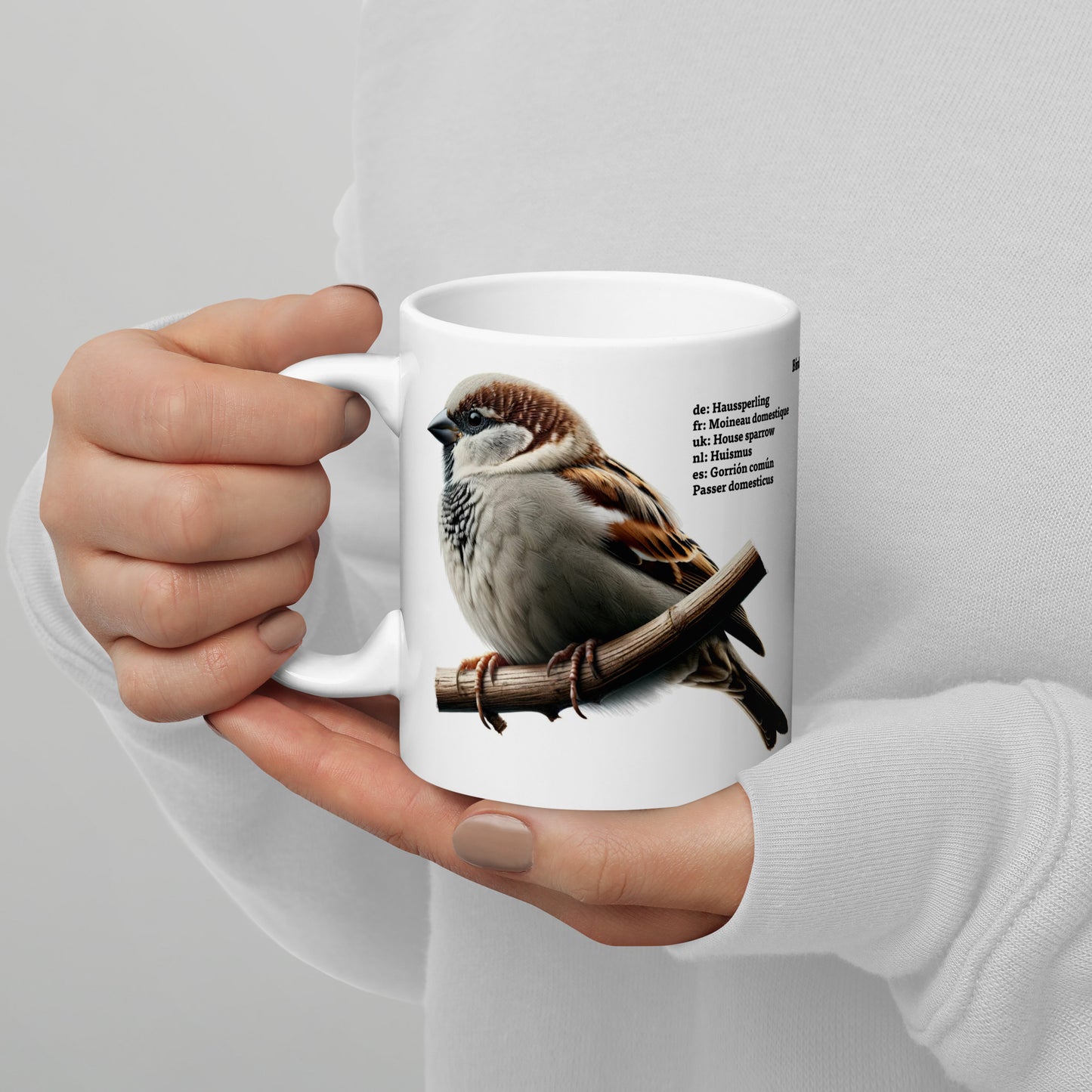 320ml White glossy mug Birds of Europe 01 Sparrow and Crested Tit