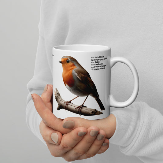 320ml White glossy mug Birds of Europe 03 Blackbird and Robin