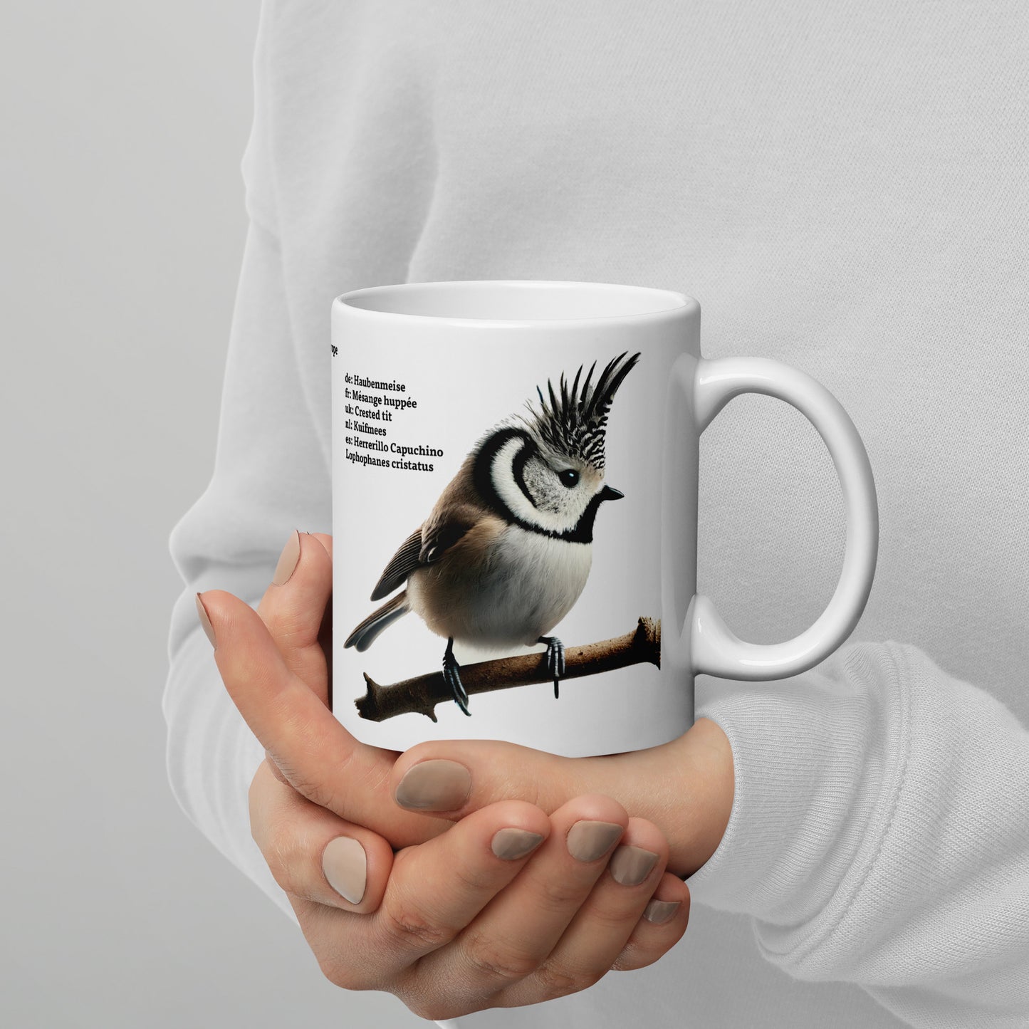 320ml White glossy mug Birds of Europe 01 Sparrow and Crested Tit