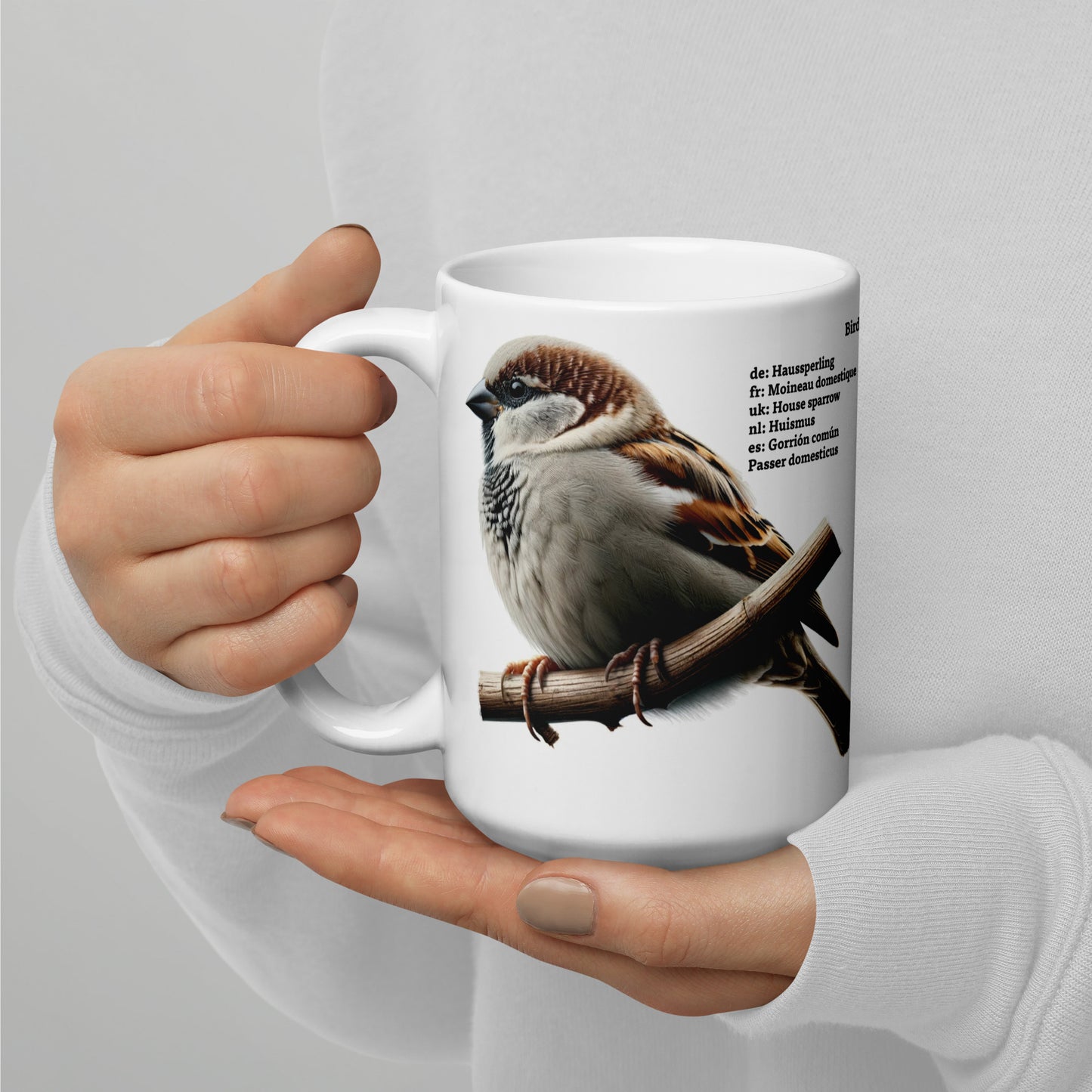 440ml White glossy mug Birds of Europe 01 Sparrow and Crested Tit