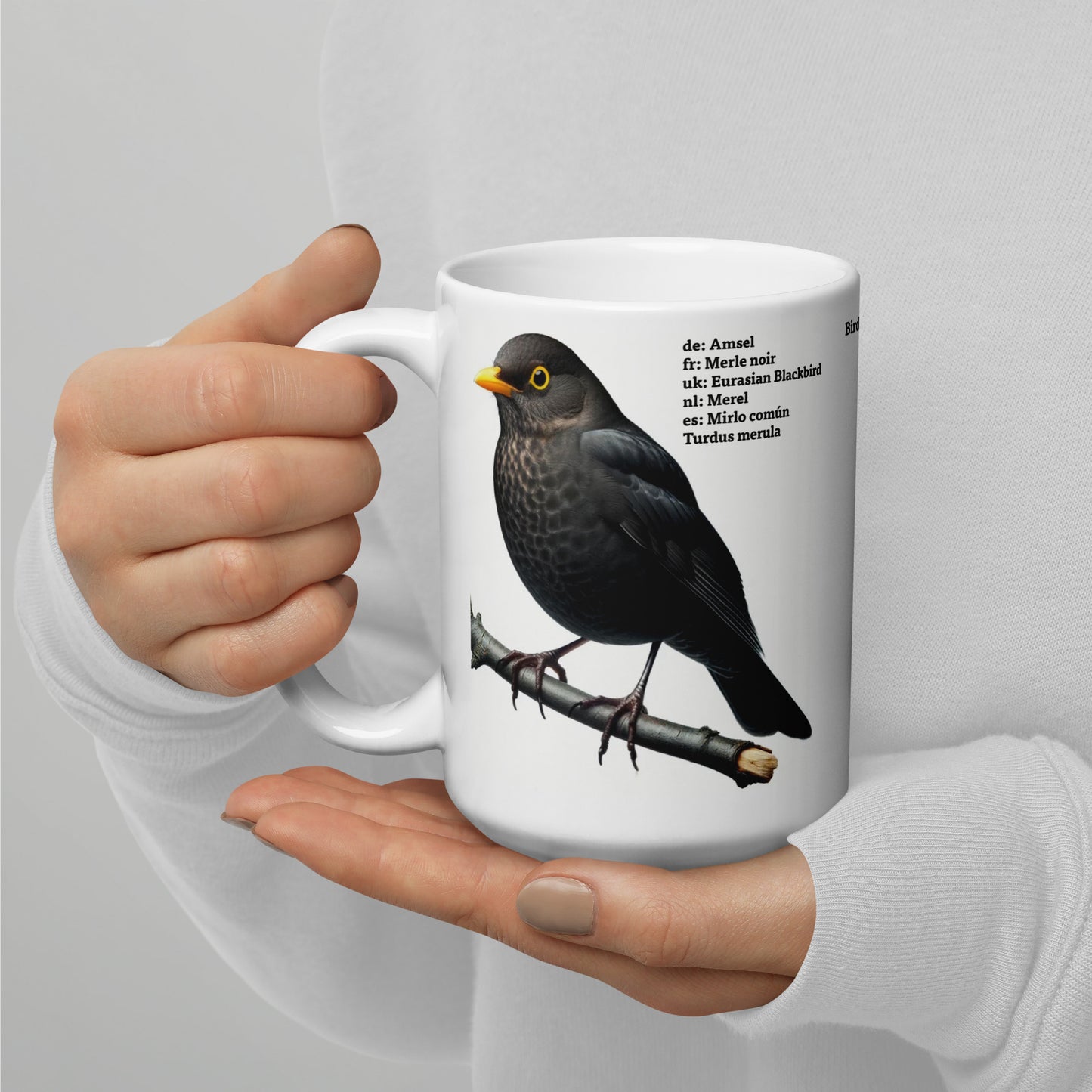 440ml White glossy mug Birds of Europe 03 Blackbird and Robin