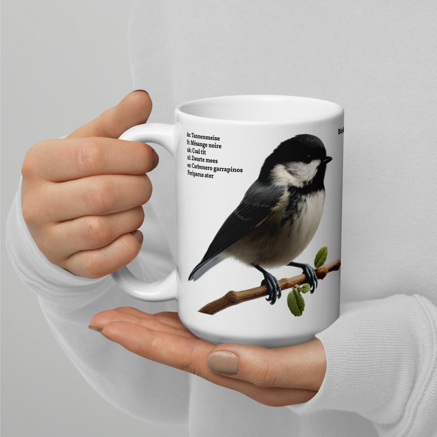 440ml White glossy mug Birds of Europe 04 Coal tit and Collared Dove