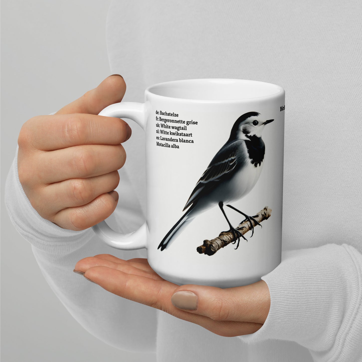 440ml White glossy mug Birds of Europe 05 White wagtail and Yellowhammer