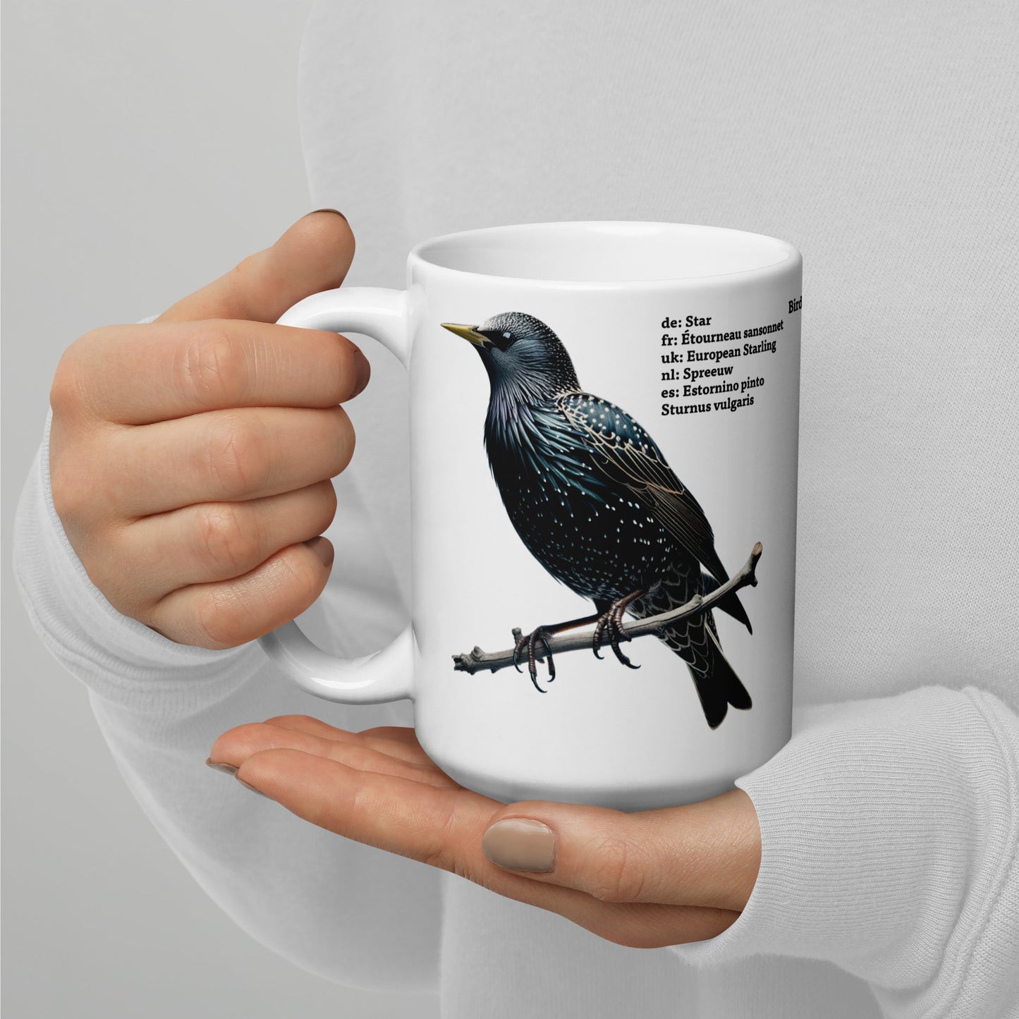 440ml White glossy mug Birds of Europe 06 Starling and Chaffinch