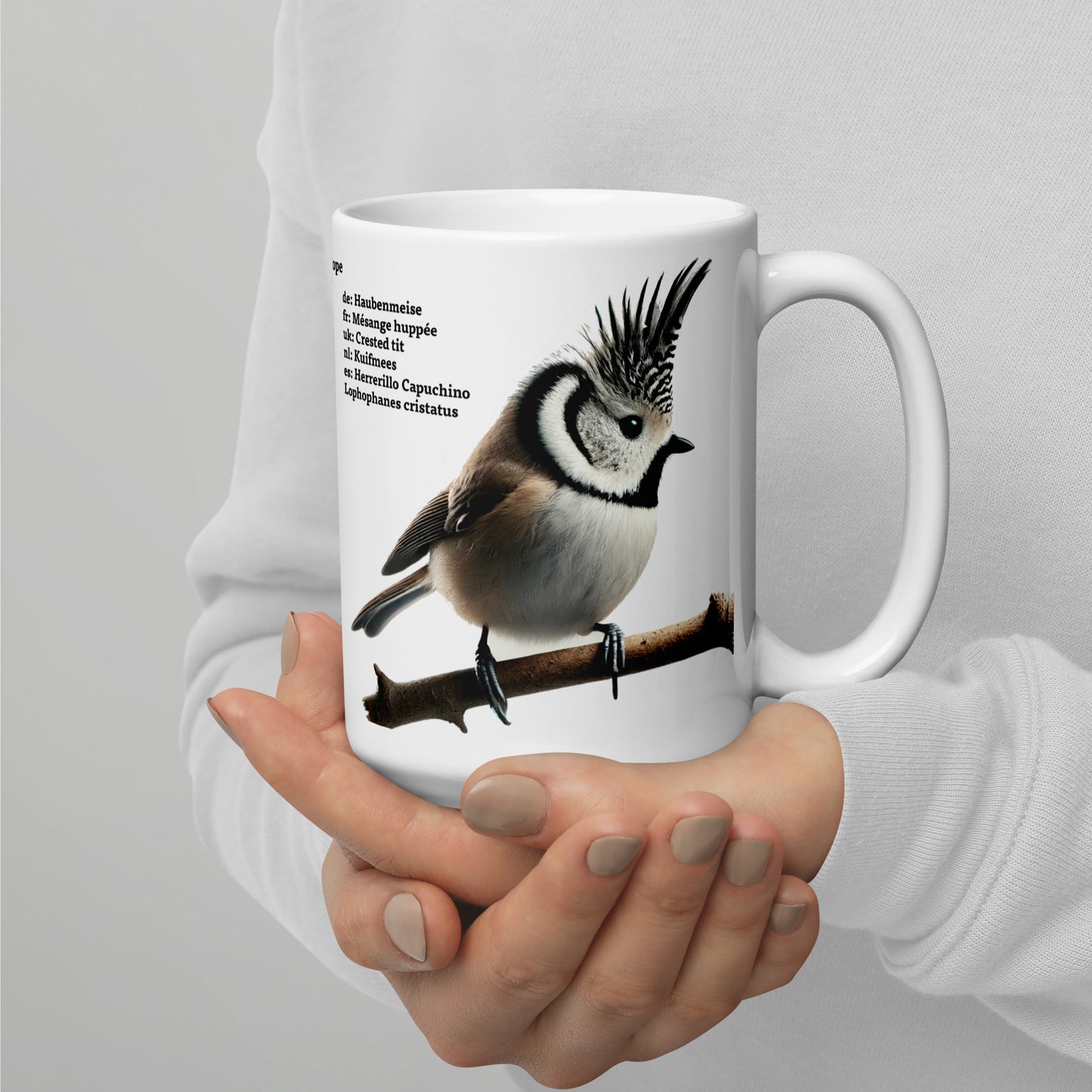 440ml White glossy mug Birds of Europe 01 Sparrow and Crested Tit