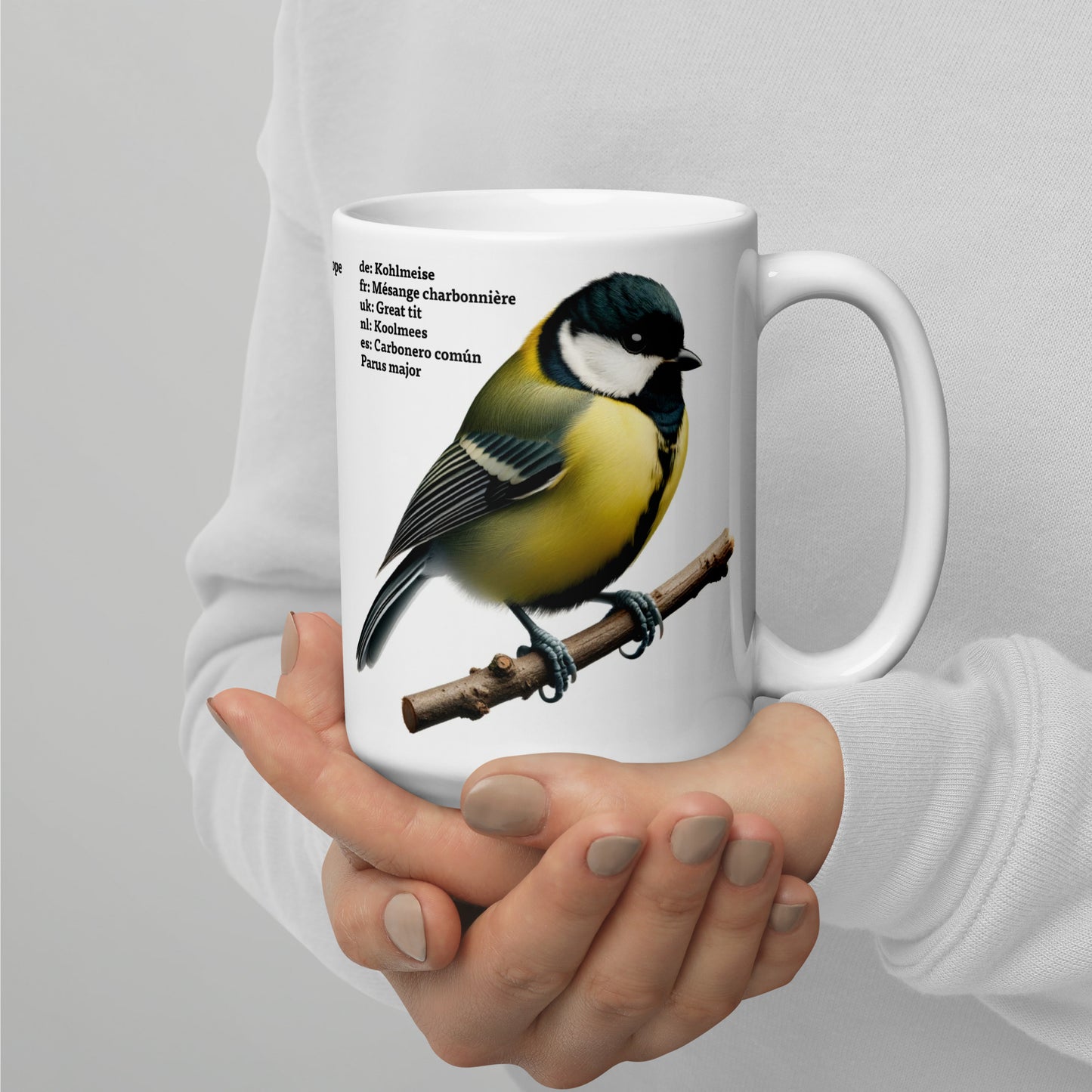 440ml White glossy mug Birds of Europe 02 Blue tit and Great tit