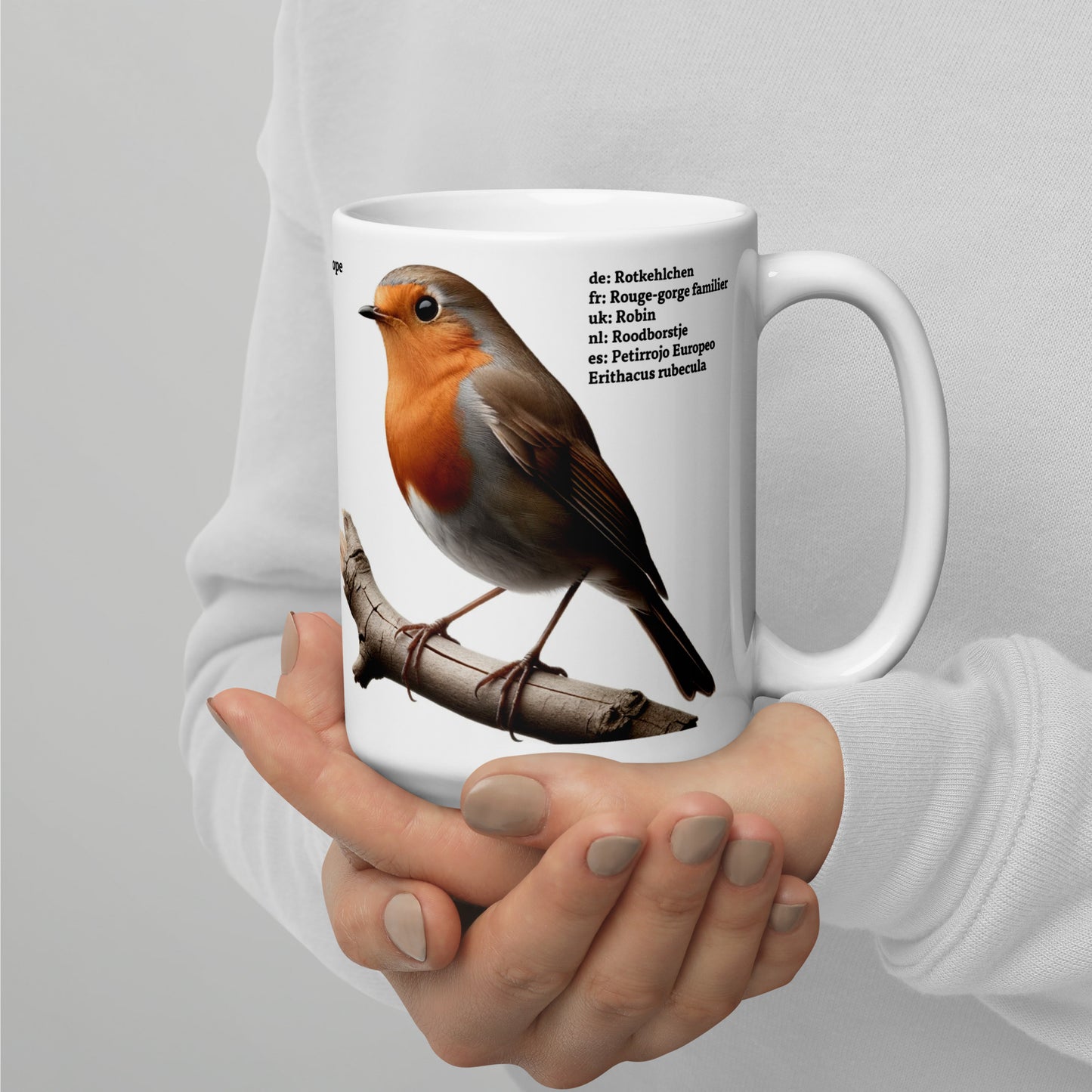 440ml White glossy mug Birds of Europe 03 Blackbird and Robin