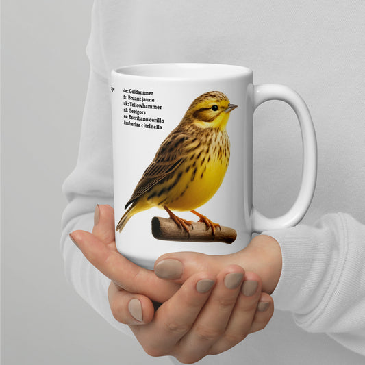 440ml White glossy mug Birds of Europe 05 White wagtail and Yellowhammer